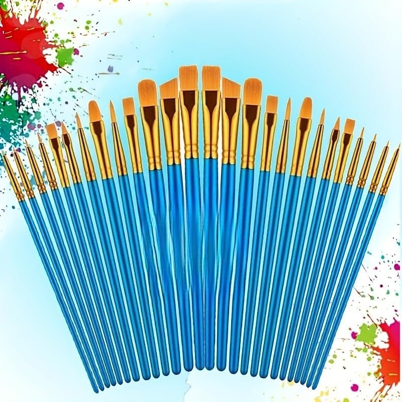 Nicpro professional artist paint brush set front view showing 26 blue wooden handles and gold ferrules