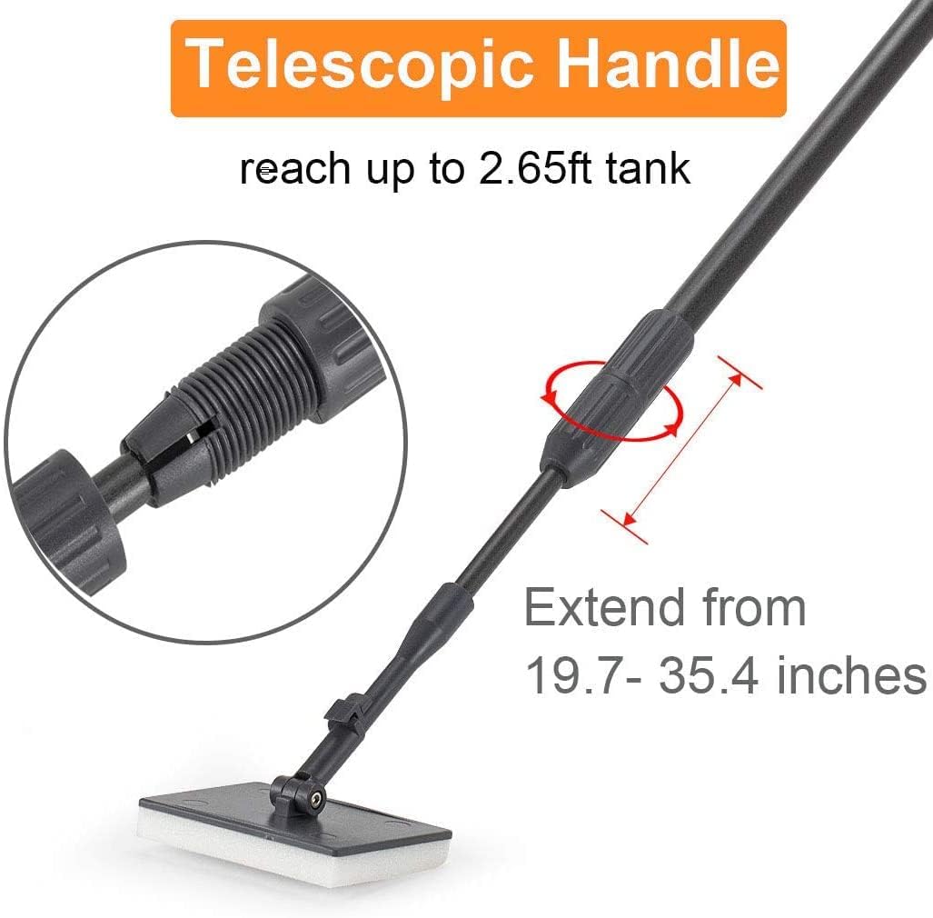 Hygger six in one extendable aquarium pole with right angle corner cleaning sponge attachment.