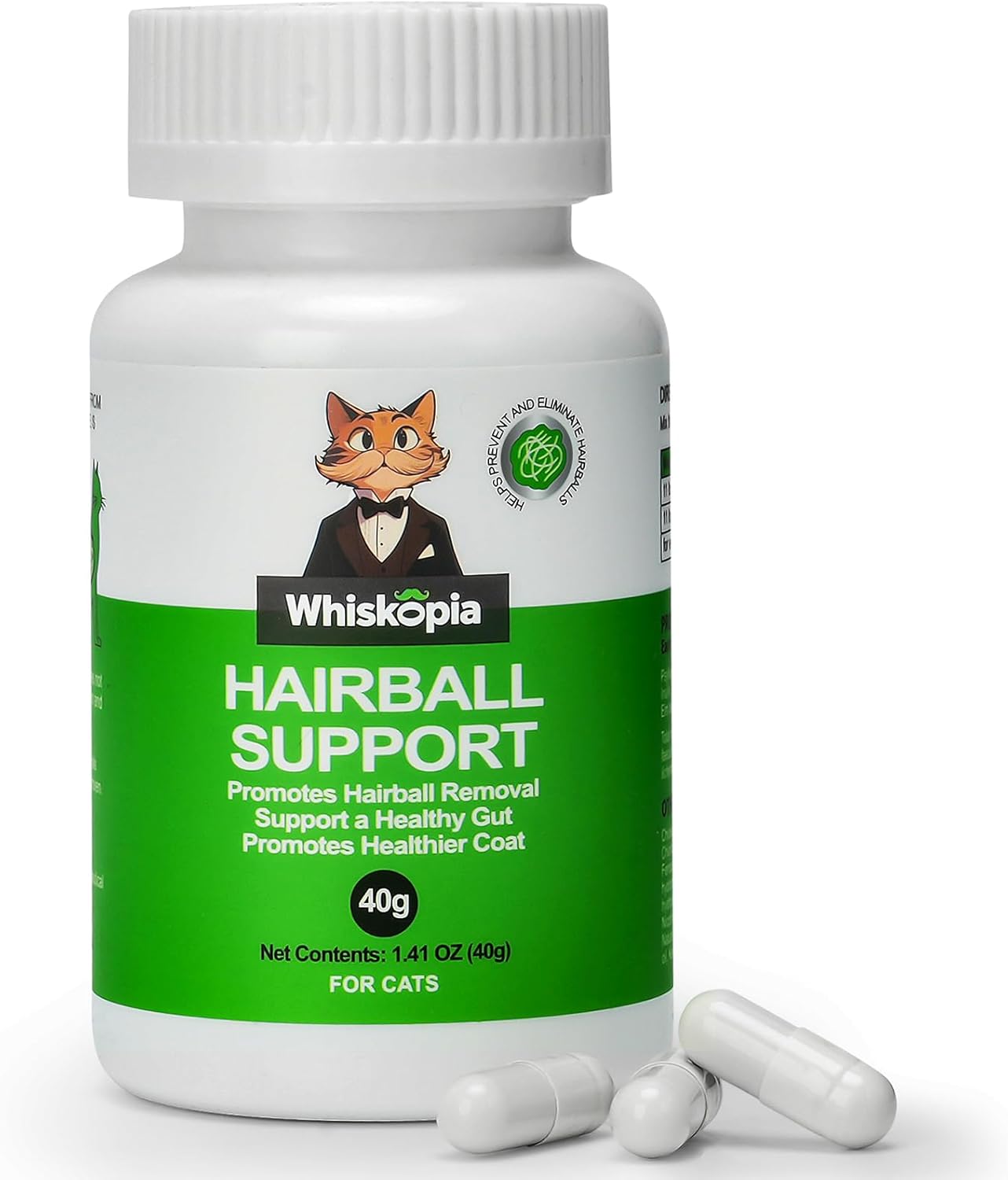 Whiskopia 80 grams feline wellness powder bottle showcasing natural remedies for cat hairballs.