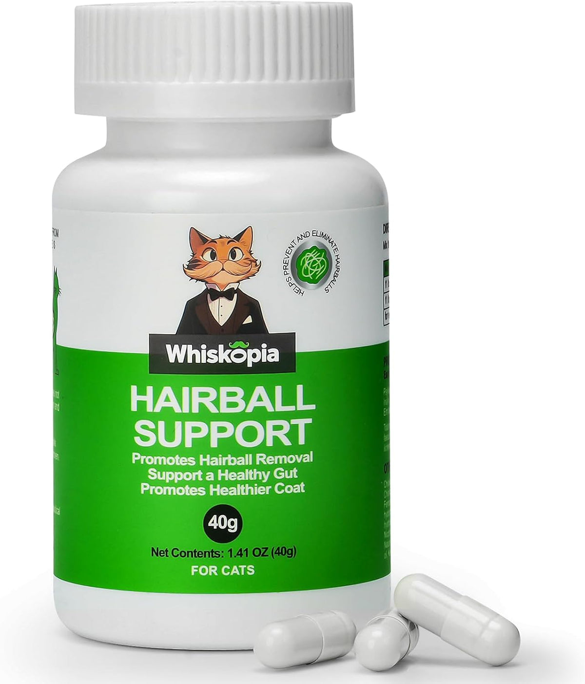 Whiskopia 80 grams feline wellness powder bottle showcasing natural remedies for cat hairballs.