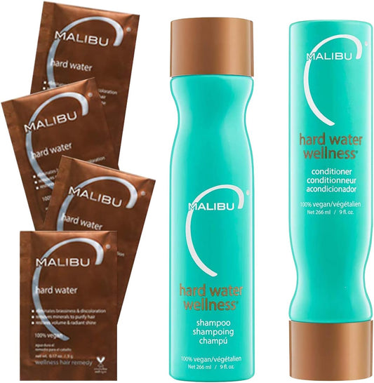 Malibu C Hard Water Wellness Remedy front packaging view showing shampoo conditioner and treatment packets for mineral removal
