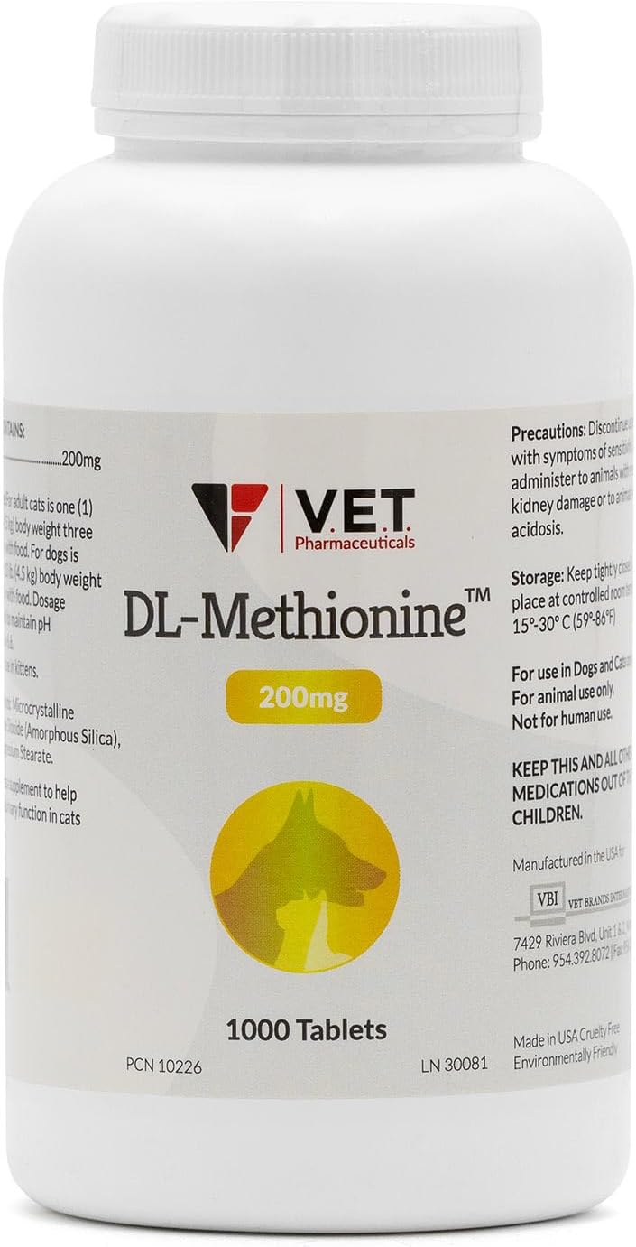 Close up look at the 150 count DL Methionine 500mg tablet packaging for pet care