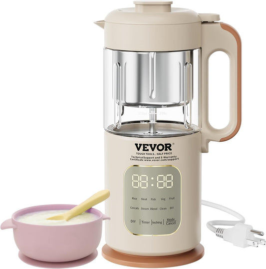 VEVOR Baby Food Maker front view showing beige housing and digital control panel