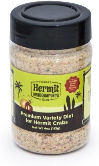 Fluker's Premium Variety Diet Hermit Crab Food front view container for pet nutrition.