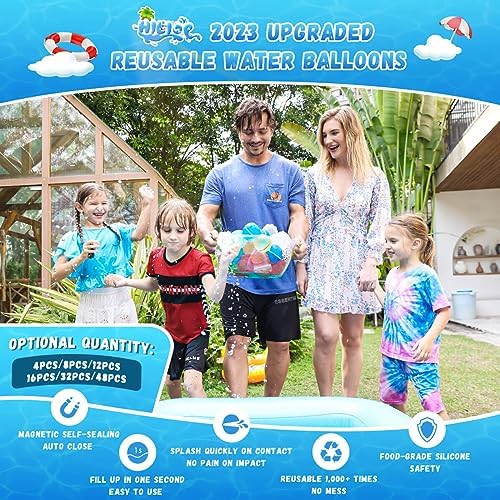 Colorful Hiliop reusable water balloons floating in a swimming pool