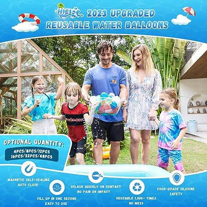 Colorful Hiliop reusable water balloons floating in a swimming pool