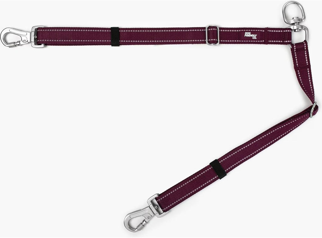 Reflective webbing detail on grey camouflage double dog walking attachment.
