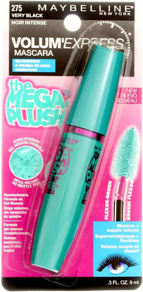 Maybelline Mega Plush Very Black mascara tube with the flexible bristle brush extracted showing the gel-mousse formula texture
