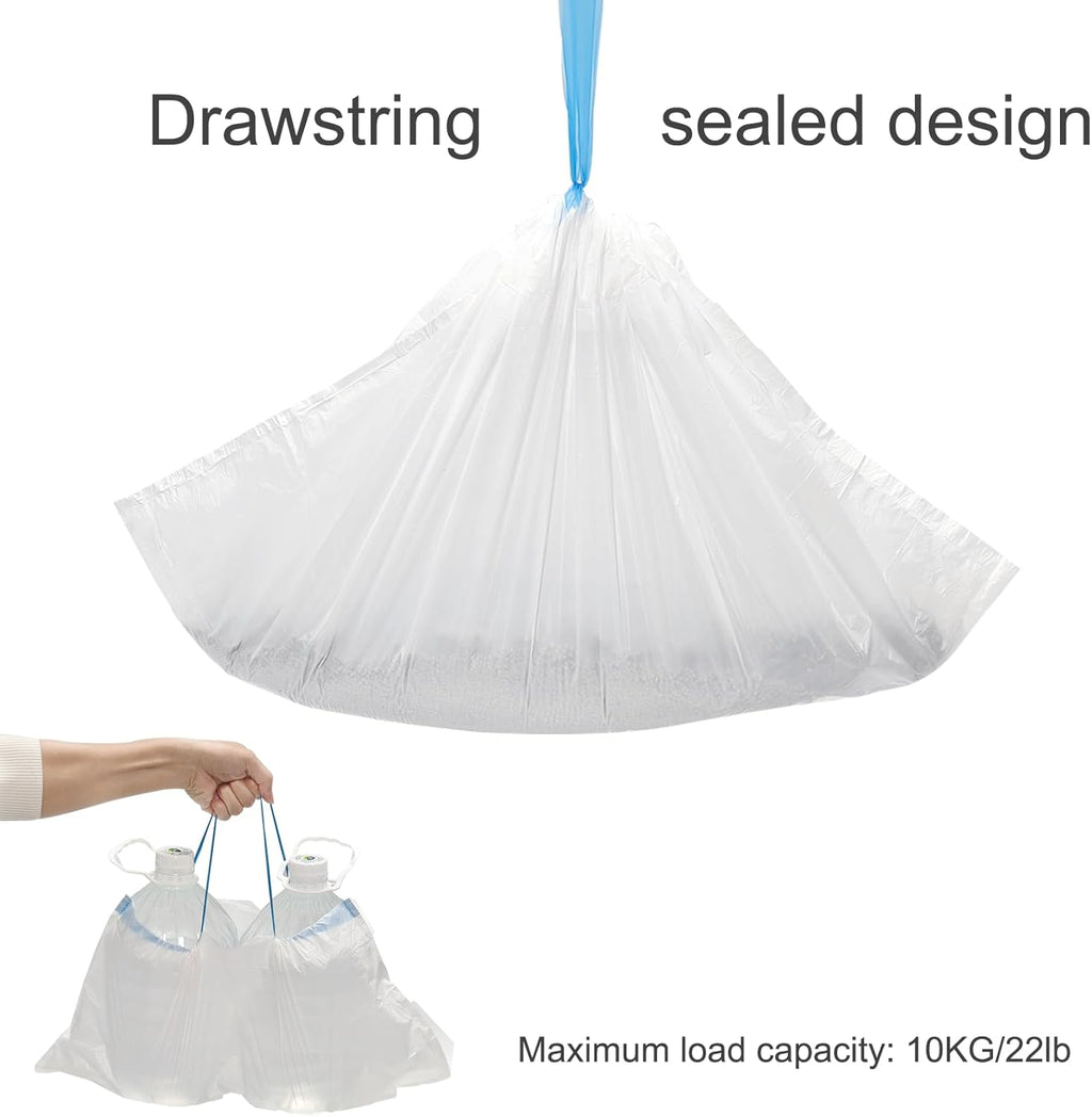 Heavy duty drawstring cat litter liner bag being pulled closed for disposal