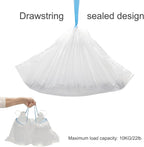 Heavy duty drawstring cat litter liner bag being pulled closed for disposal