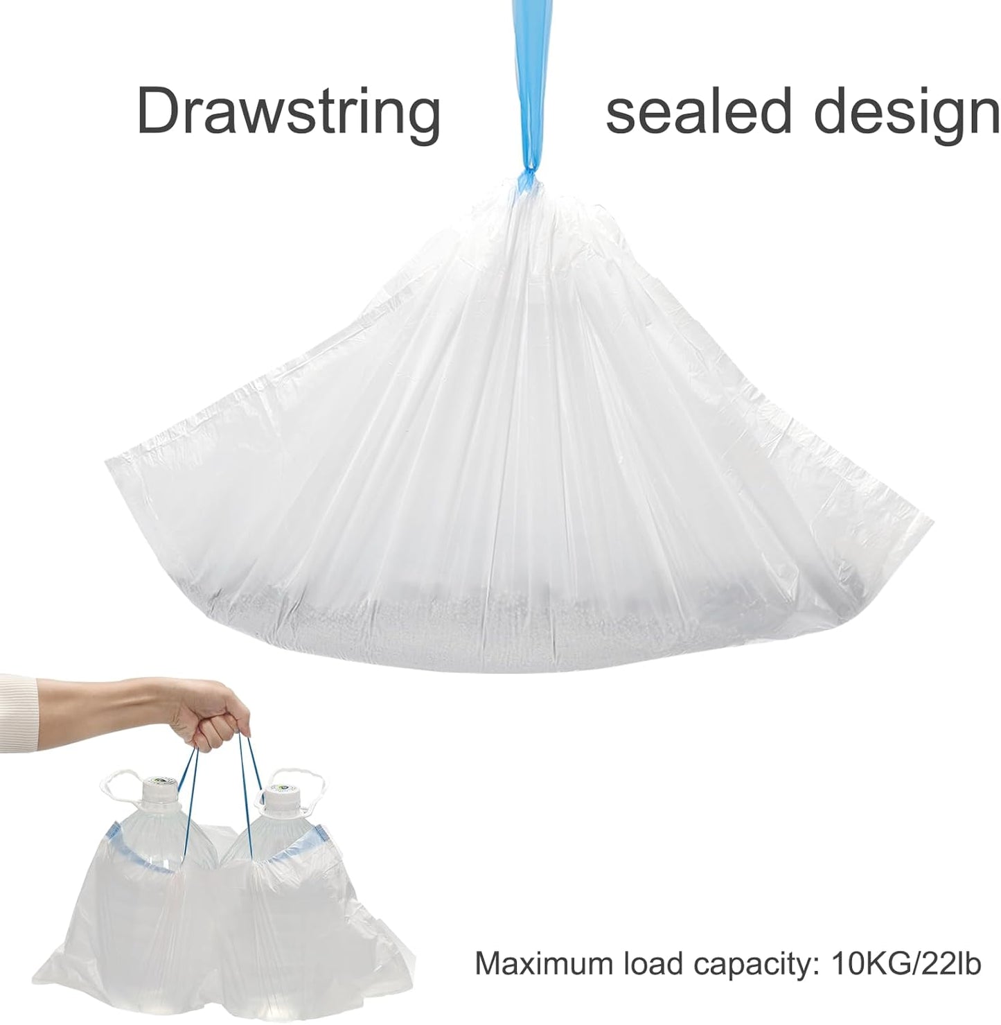 Heavy duty drawstring cat litter liner bag being pulled closed for disposal