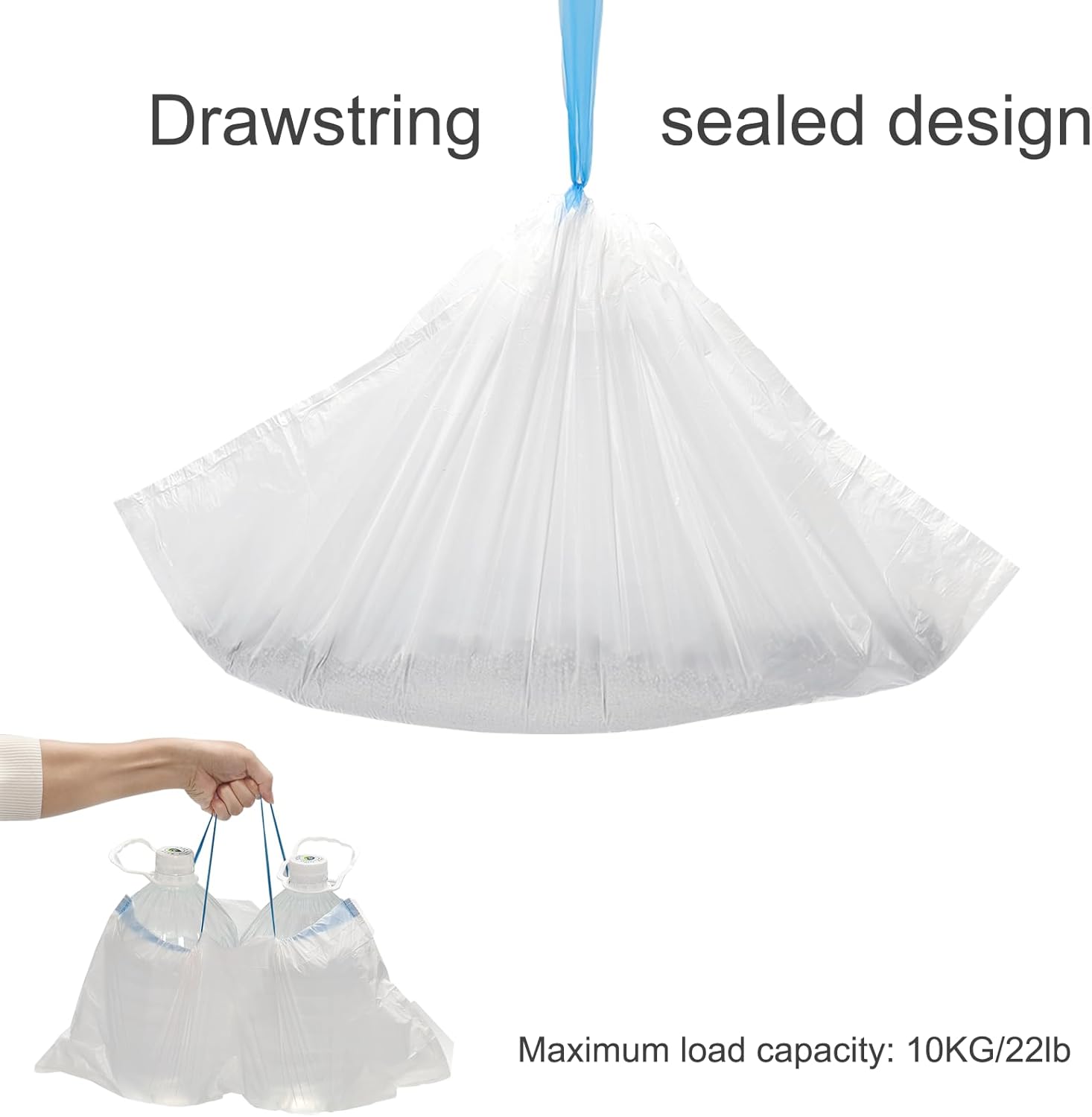 Heavy duty drawstring cat litter liner bag being pulled closed for disposal