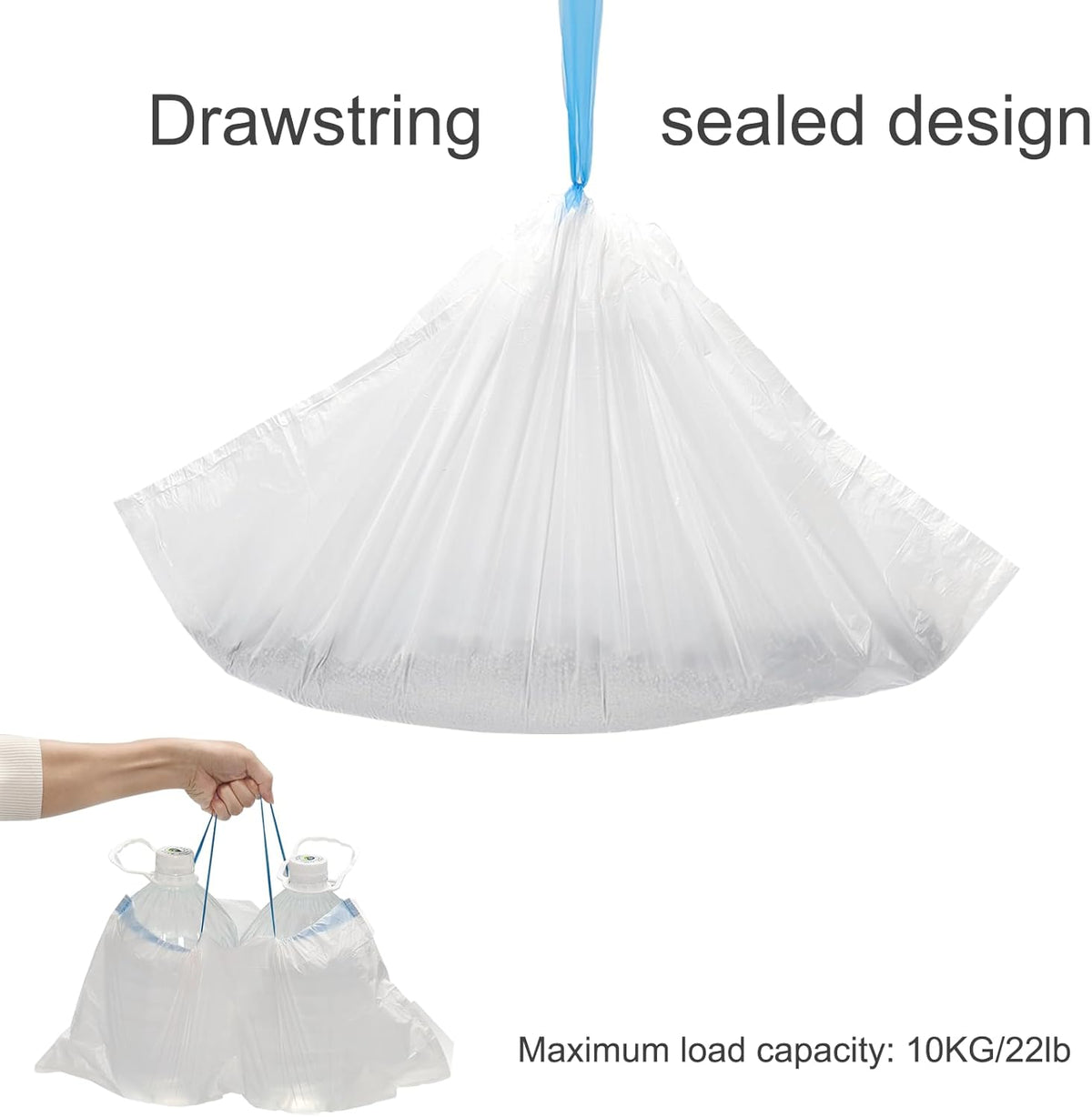 Heavy duty drawstring cat litter liner bag being pulled closed for disposal