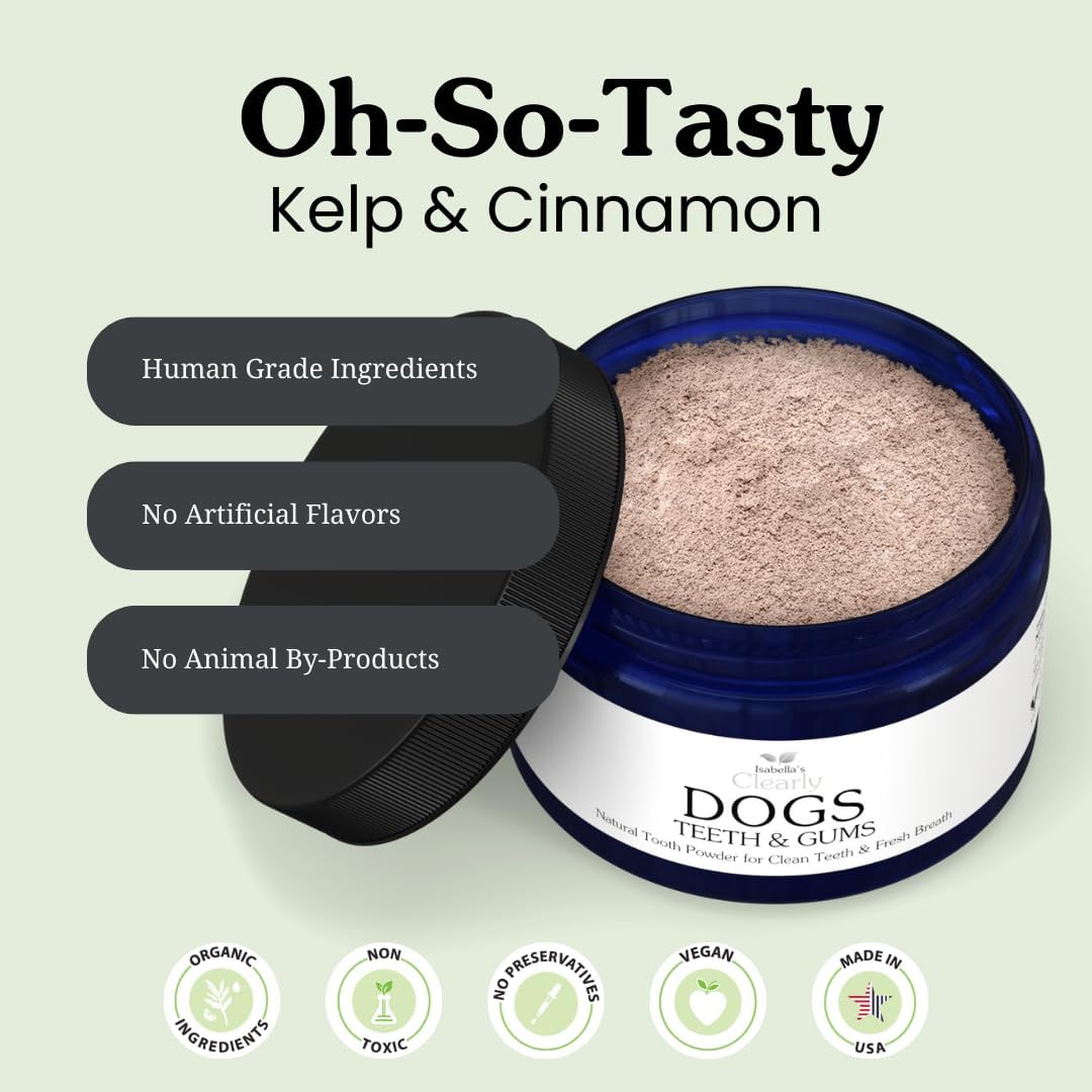 Educational graphic showing dental powder ingredients like kelp and cinnamon