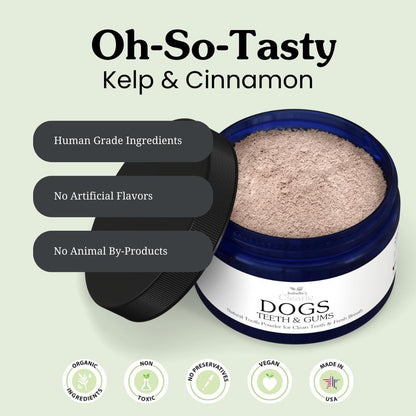 Educational graphic showing dental powder ingredients like kelp and cinnamon