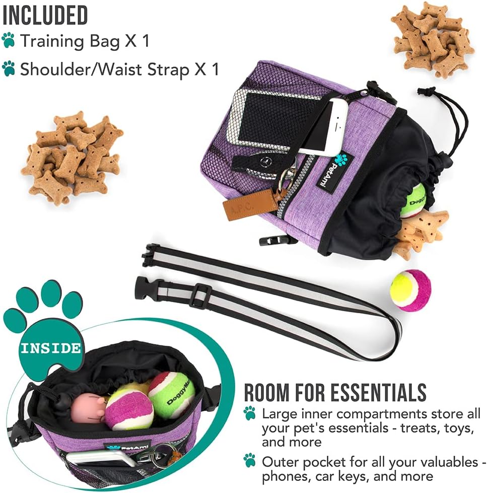 Premium pet food walking bag with built-in poop bag dispenser.