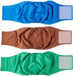 AIO washable reusable male dog diapers front view showing three belly bands in brown green and blue colors