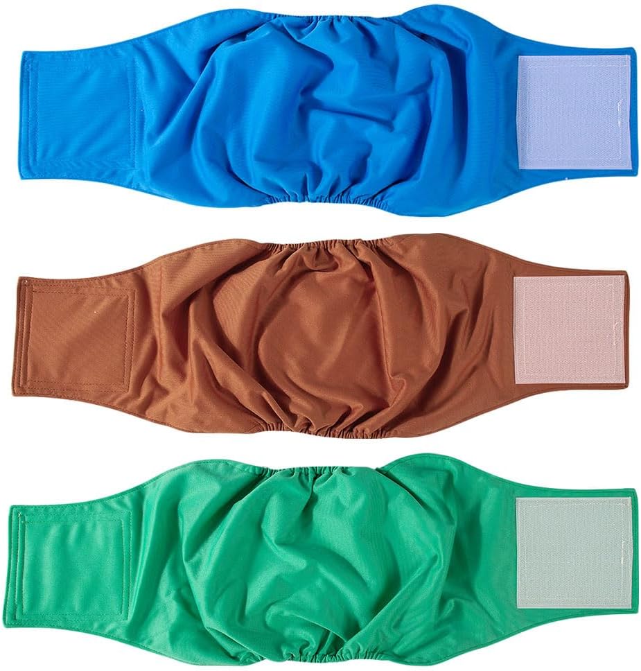 AIO washable reusable male dog diapers front view showing three belly bands in brown green and blue colors