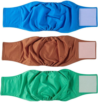 AIO washable reusable male dog diapers front view showing three belly bands in brown green and blue colors