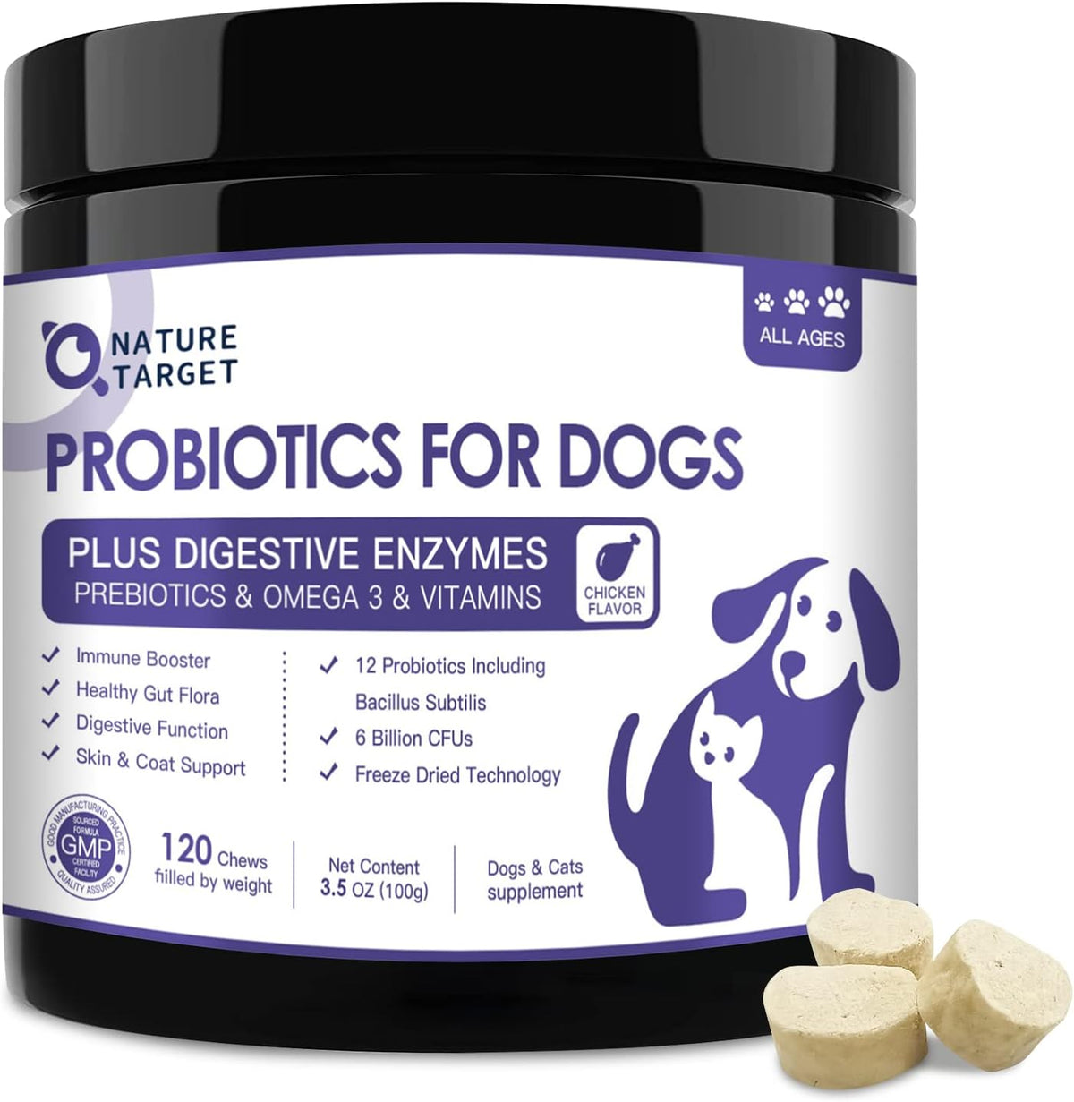 NATURE TARGET Probiotics for Dogs 120 Bites front view of container