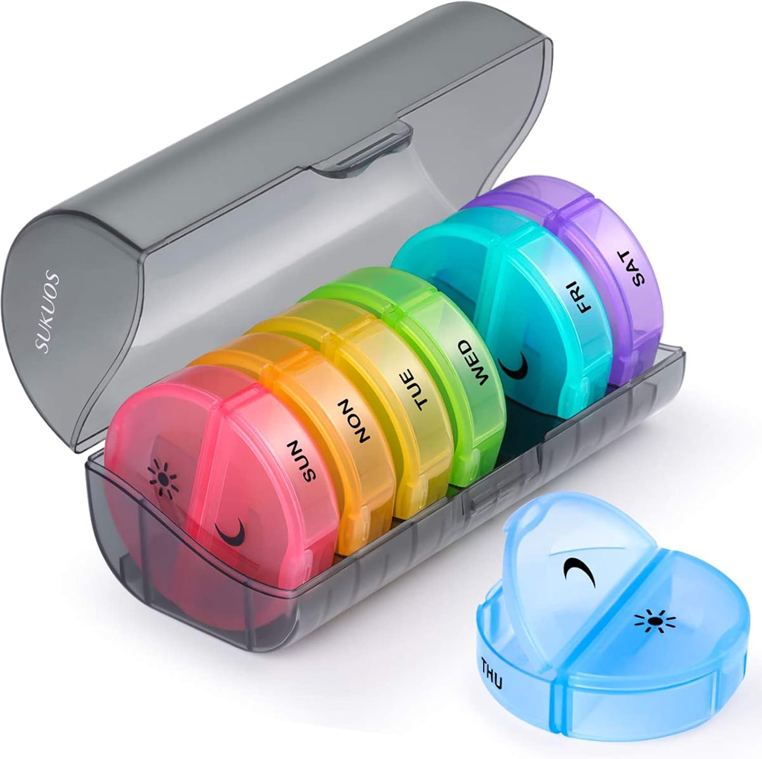 Sukuos large weekly pill organizer front view showing seven rainbow colored daily medicine boxes inside a translucent gray case