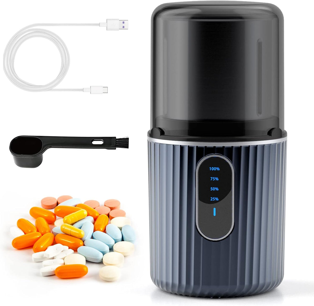 AUSSNICE cordless electric pill crusher front view showing sleek ergonomic design