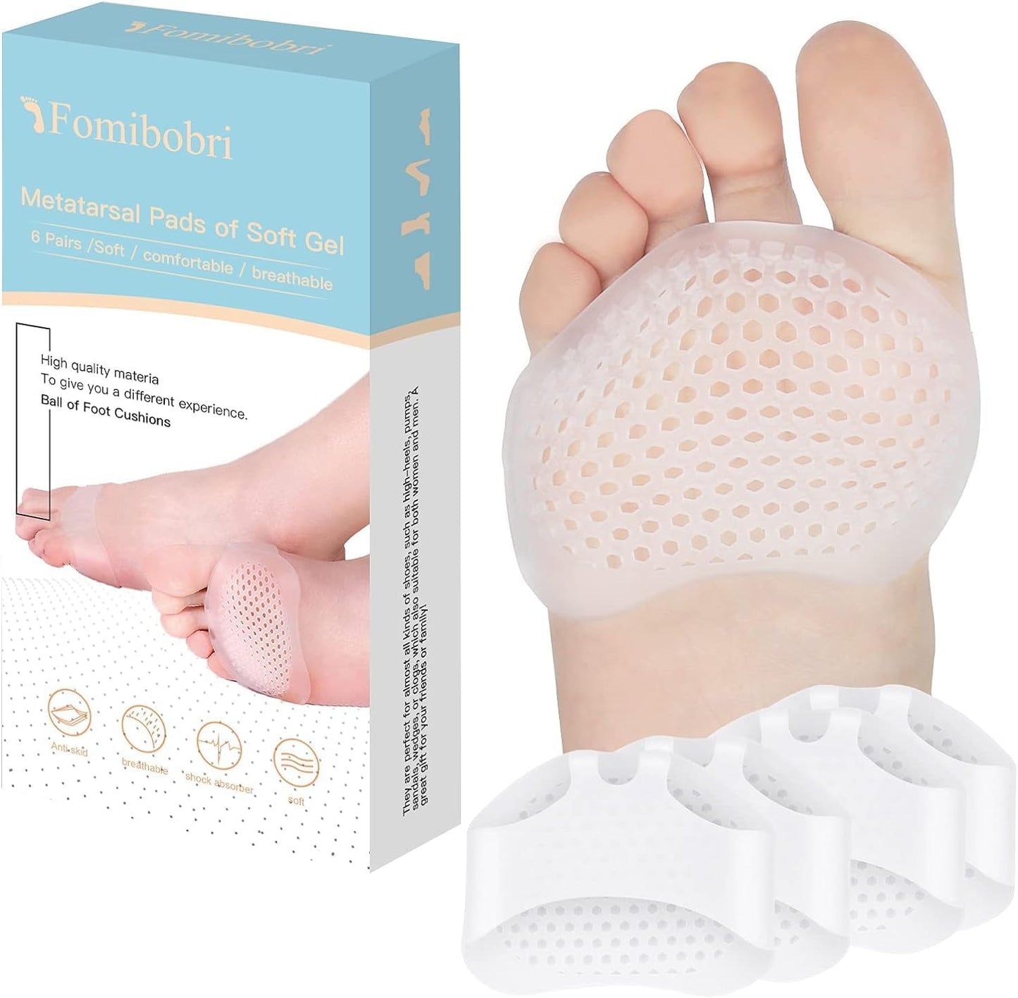 FOMIBOBRI Metatarsal Pads 12 Pack front view showing honeycomb gel texture.
