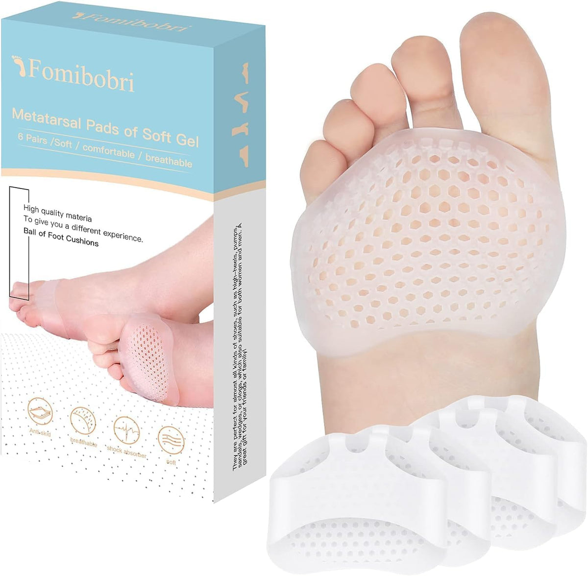 FOMIBOBRI Metatarsal Pads 12 Pack front view showing honeycomb gel texture.