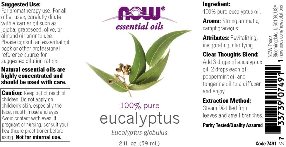 Now Foods pure steam distilled eucalyptus oil label showing ingredients and directions