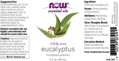 Now Foods pure steam distilled eucalyptus oil label showing ingredients and directions
