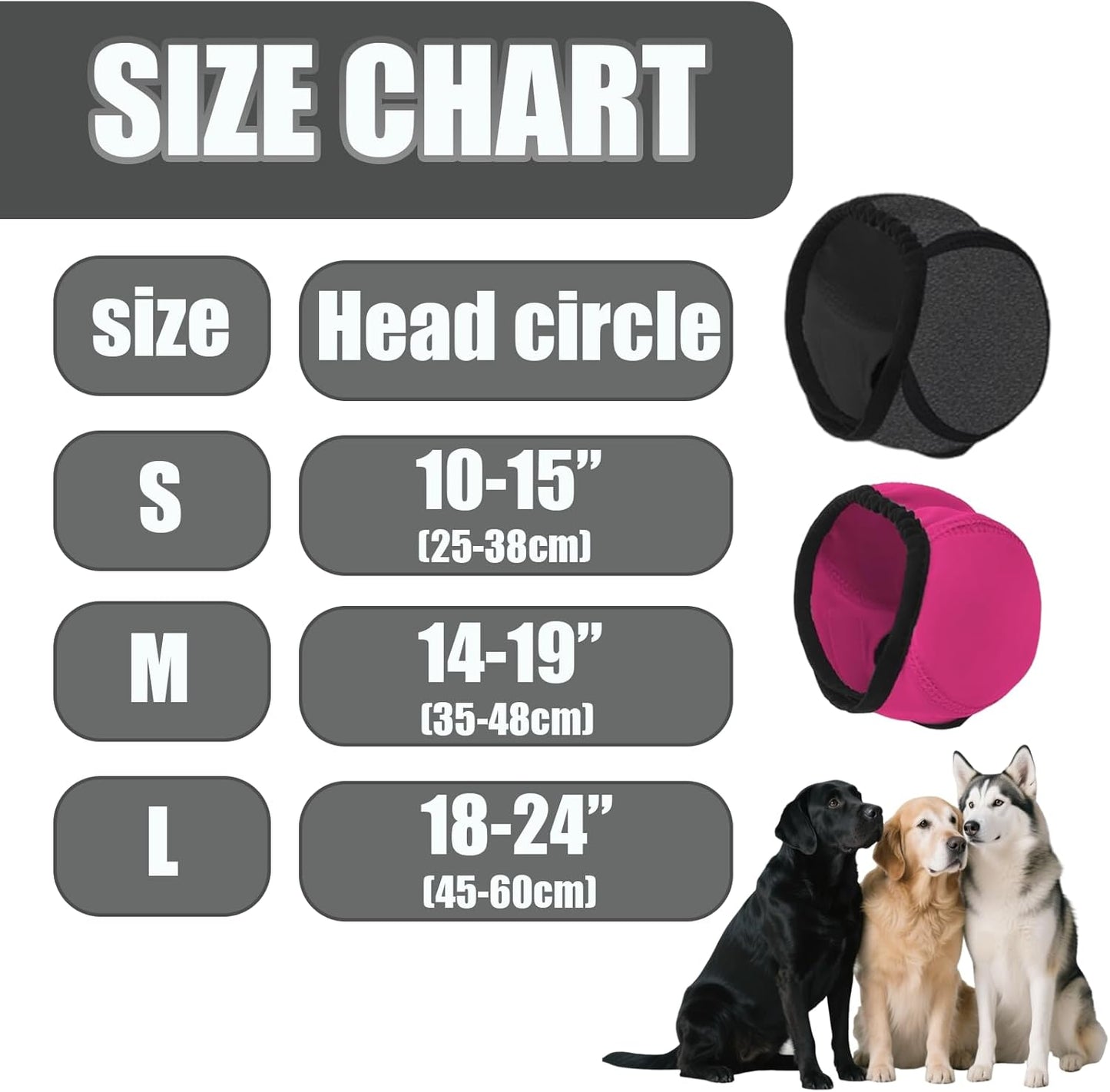 Side profile of dog wearing gray quiet ear cover