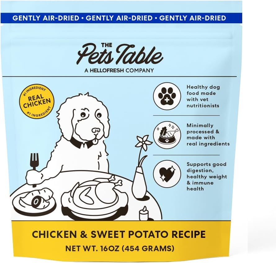The Pets Table Chicken and Sweet Potato Air Dried Dog Food front package view showing real ingredients.