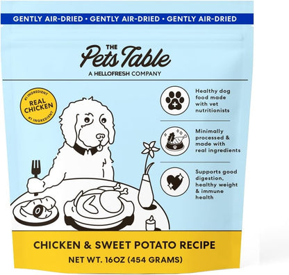 The Pets Table Chicken and Sweet Potato Air Dried Dog Food front package view showing real ingredients.