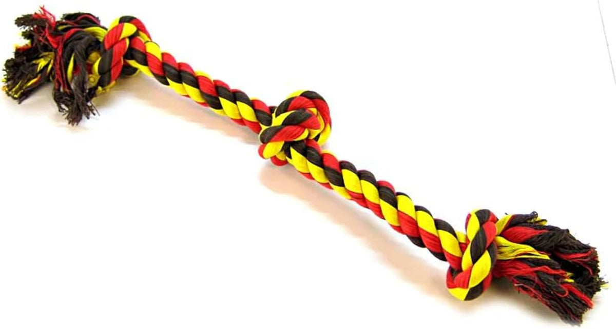 Top down view of the colorful three knot rope tug toy for small breeds