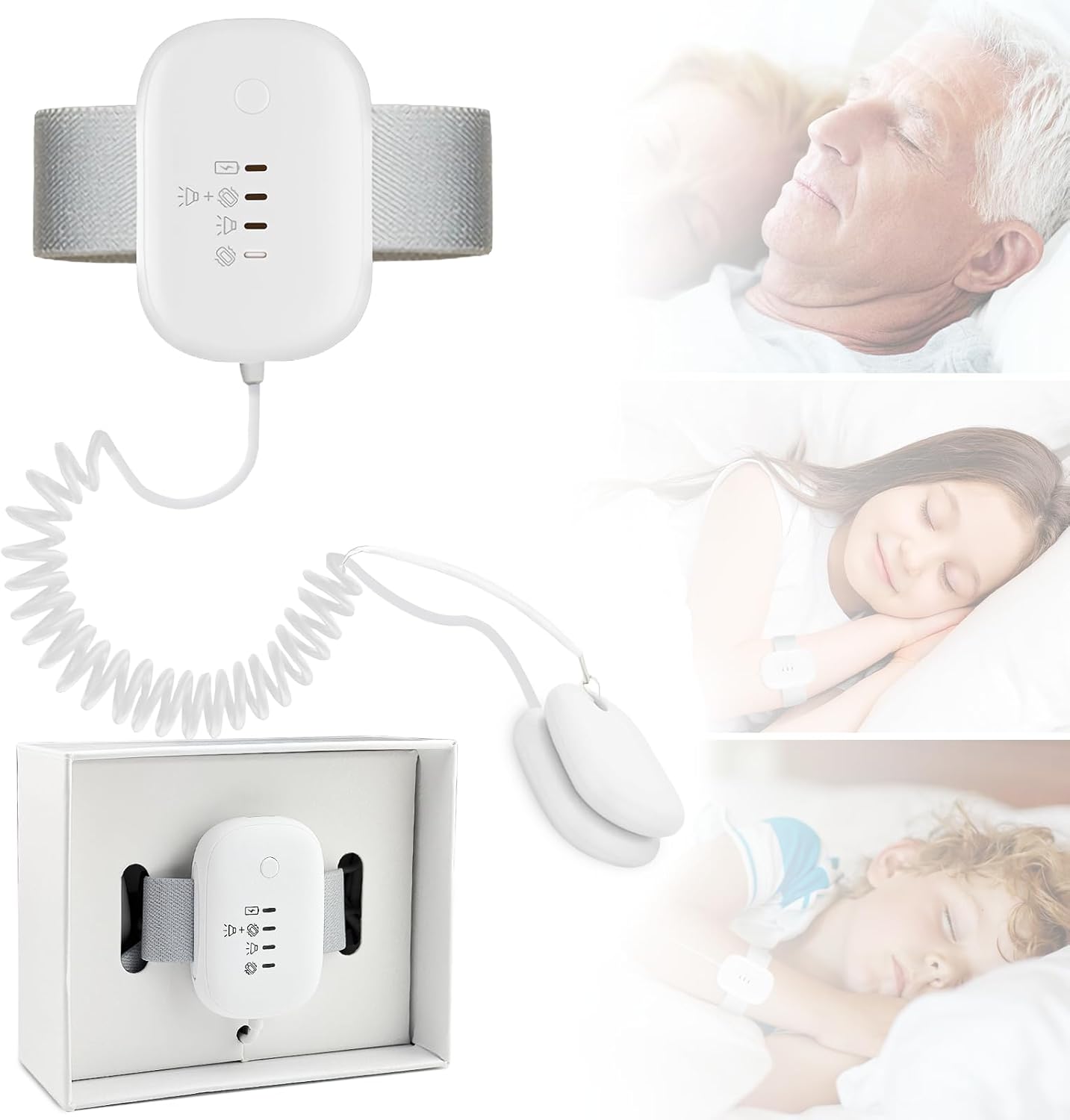 Yiisin Bed Wetting Alarm front view showing the wearable wrist unit and sensor clip for potty training.