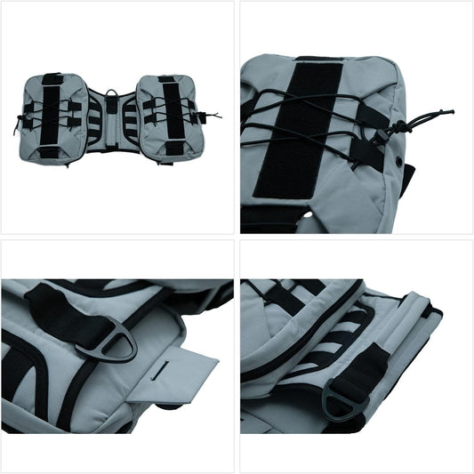 Adjustable tactical dog pack with breathable mesh lining underside view