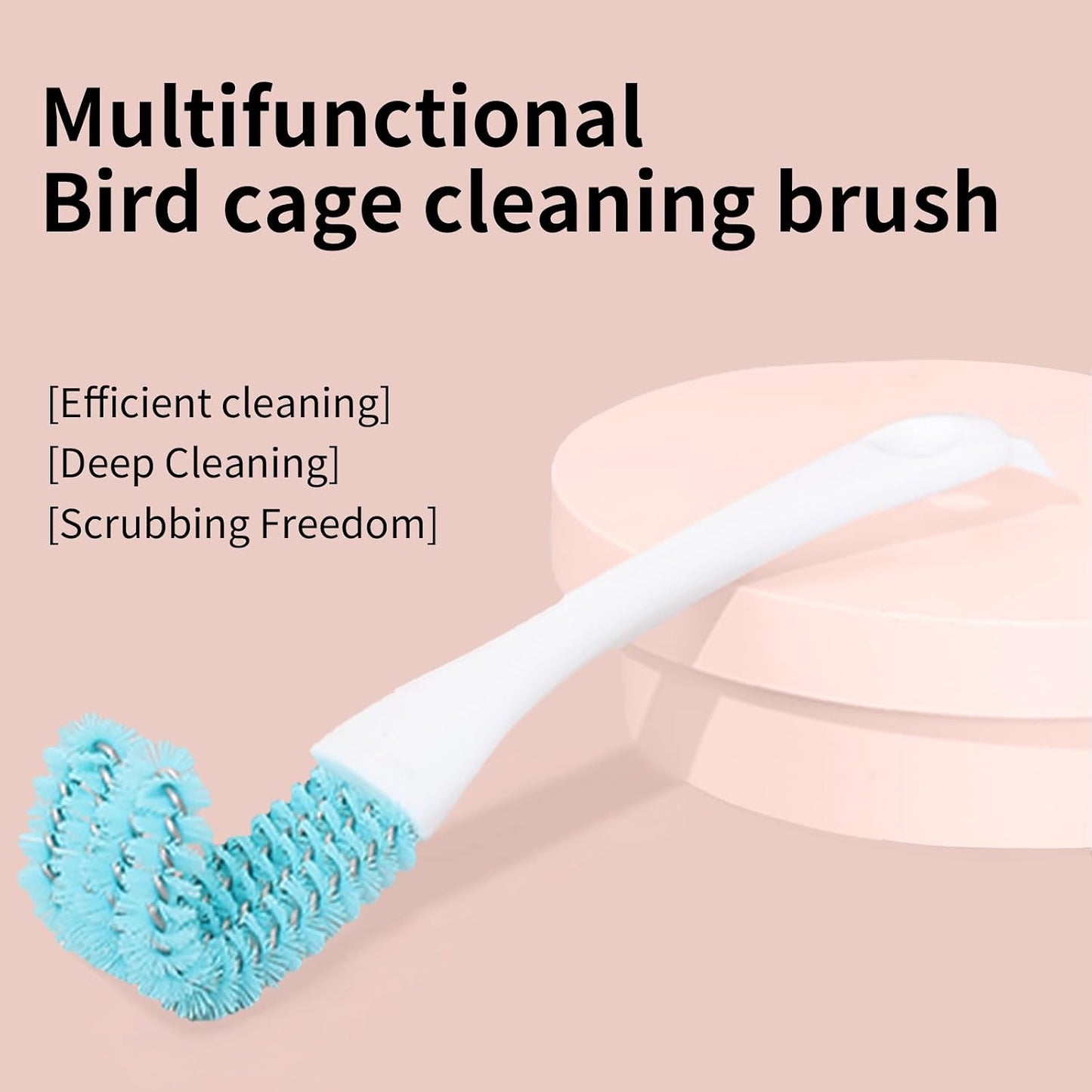 Stiff bristles of the dual-head brush cleaning between narrow metal bird cage wires
