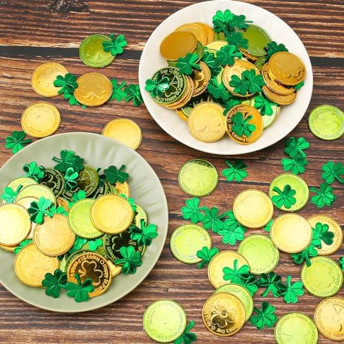 Shiny green and gold plastic coins paired with small foil shamrock confetti pieces