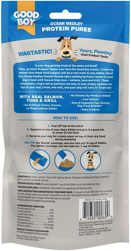 Good Boy triple flavor salmon tuna and krill dog topper treats individual pouches