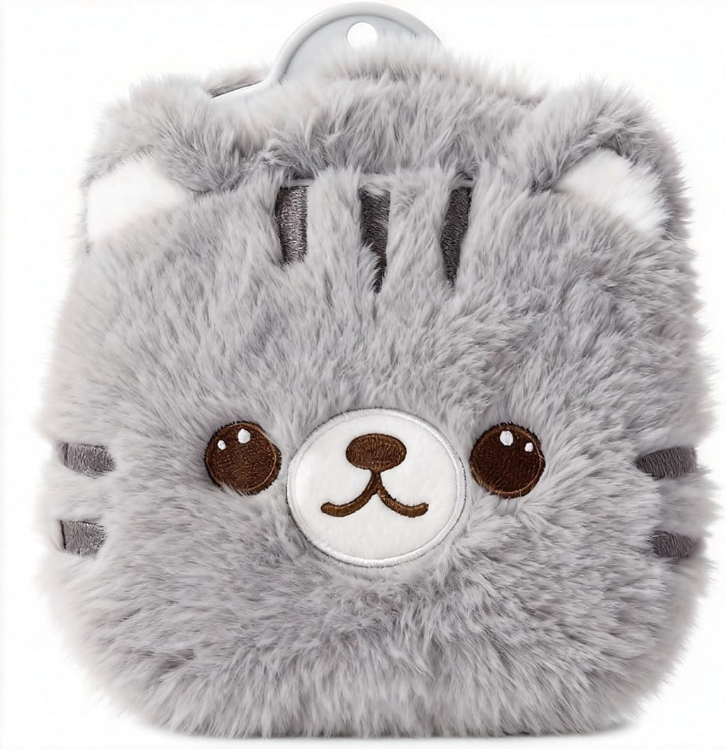CHDN rubber hot water bottle front view with gray plush faux fur cover for menstrual cramp relief.