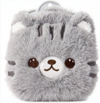 CHDN rubber hot water bottle front view with gray plush faux fur cover for menstrual cramp relief.