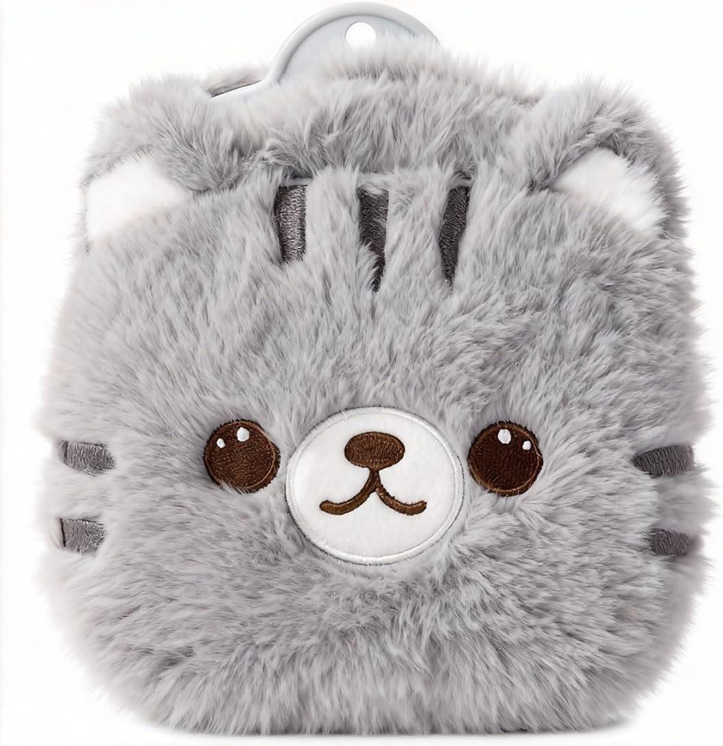 CHDN rubber hot water bottle front view with gray plush faux fur cover for menstrual cramp relief.