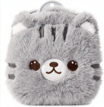 CHDN rubber hot water bottle front view with gray plush faux fur cover for menstrual cramp relief.