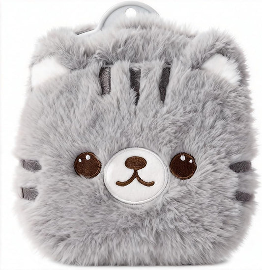 CHDN rubber hot water bottle front view with gray plush faux fur cover for menstrual cramp relief.
