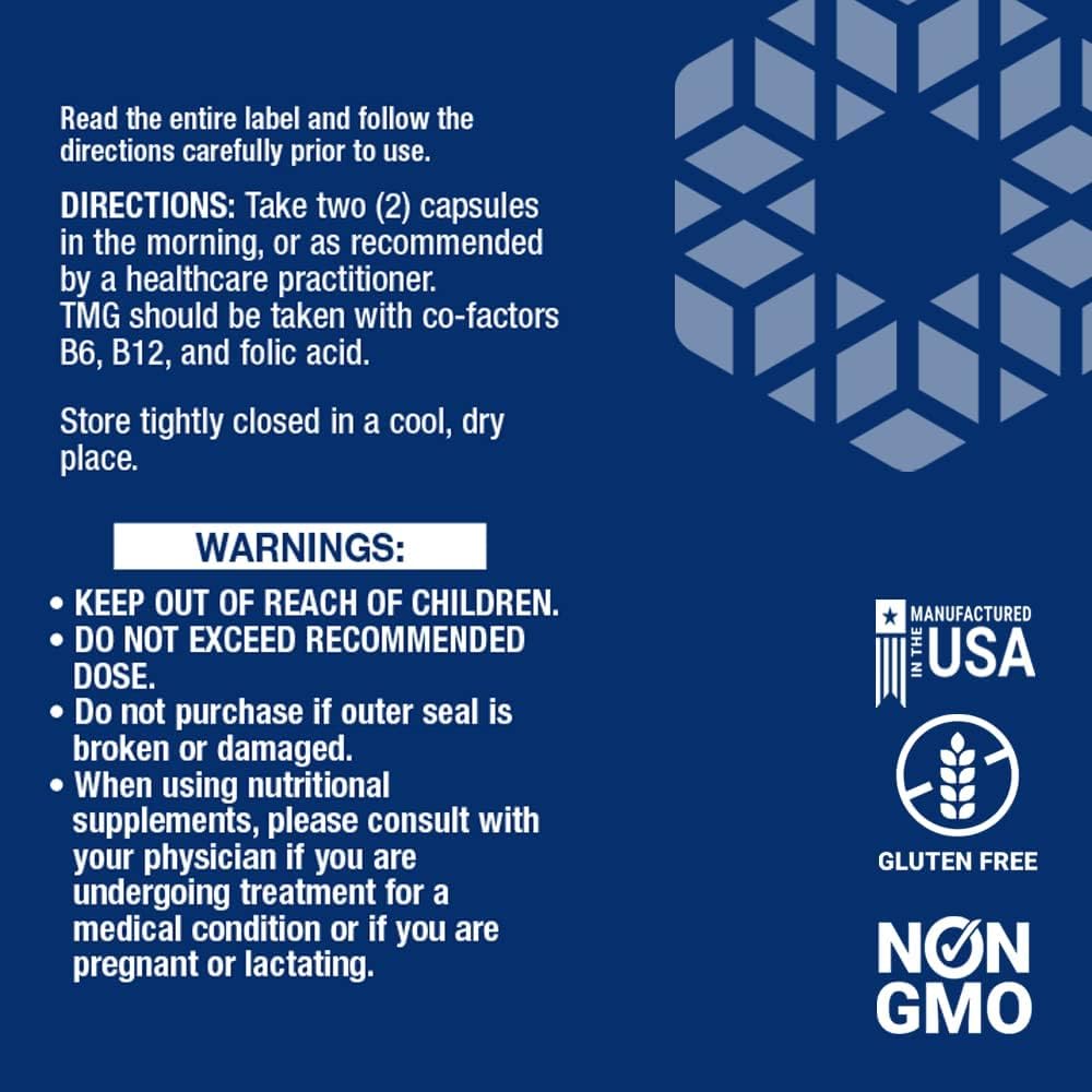 Life Extension TMG vegetarian liquid capsules non-GMO and gluten-free certifications
