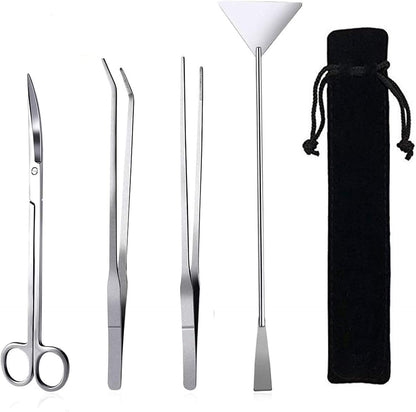 Fistoy 4 in 1 aquarium aquascaping tool set front view showcasing stainless steel tweezers and scissors.