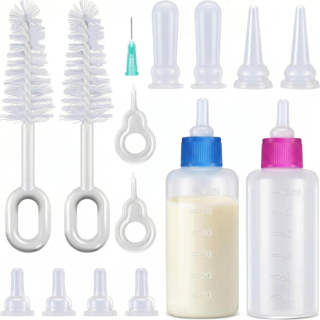 Tondiamo Kitten Bottle Feeding Kit front view showing two transparent nursing bottles and multiple silicone replacement nipples.