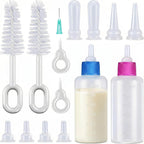 Tondiamo Kitten Bottle Feeding Kit front view showing two transparent nursing bottles and multiple silicone replacement nipples.