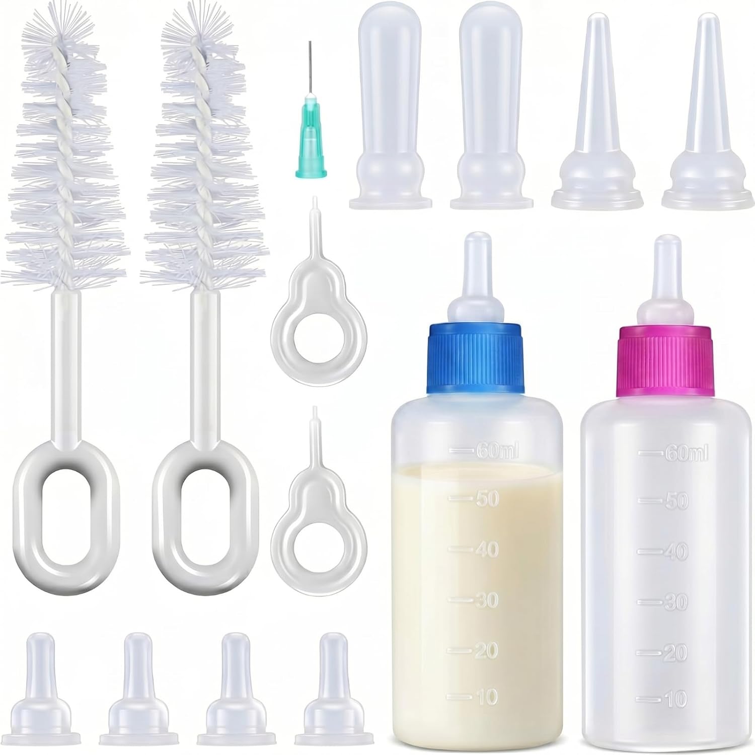 Tondiamo Kitten Bottle Feeding Kit front view showing two transparent nursing bottles and multiple silicone replacement nipples.