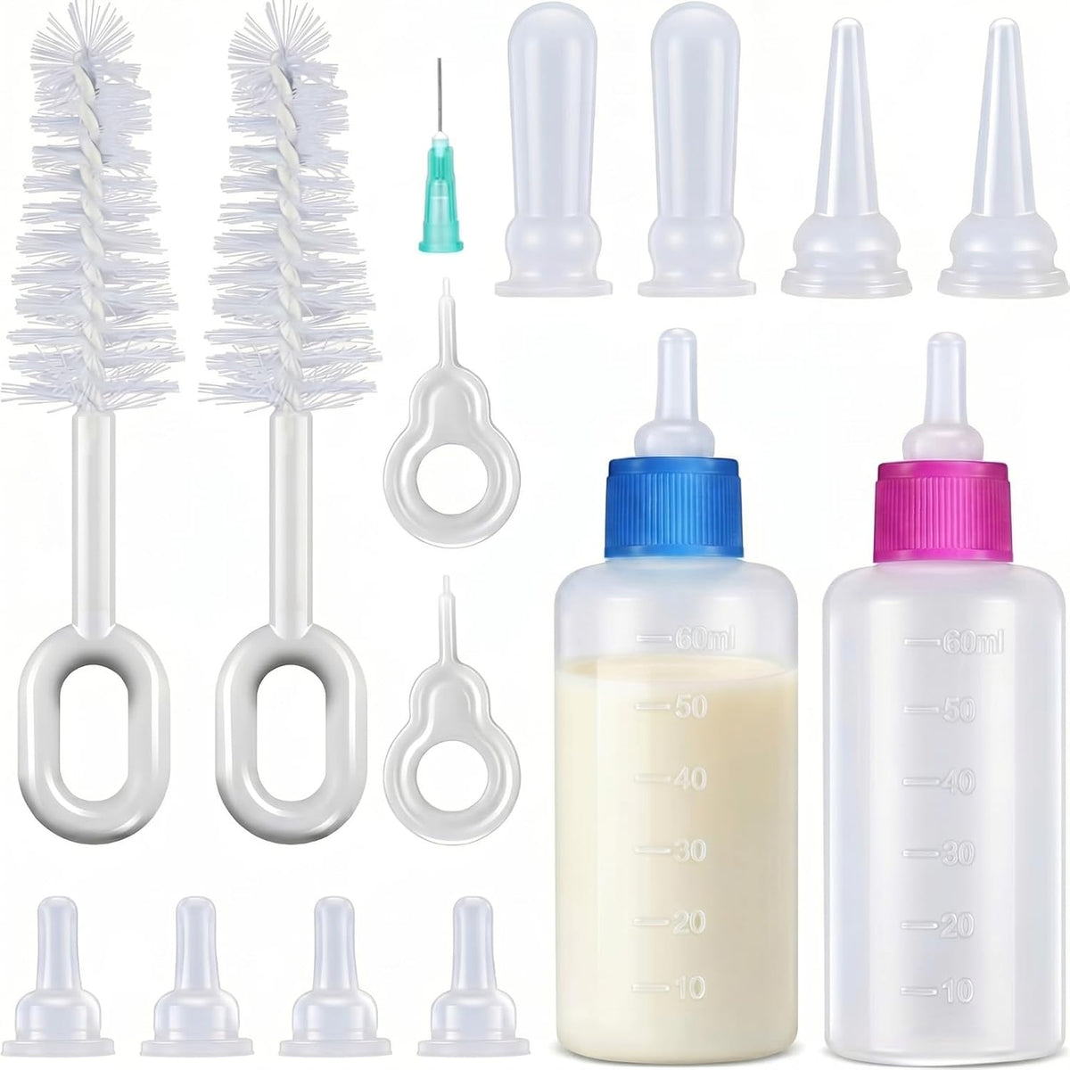 Tondiamo Kitten Bottle Feeding Kit front view showing two transparent nursing bottles and multiple silicone replacement nipples.